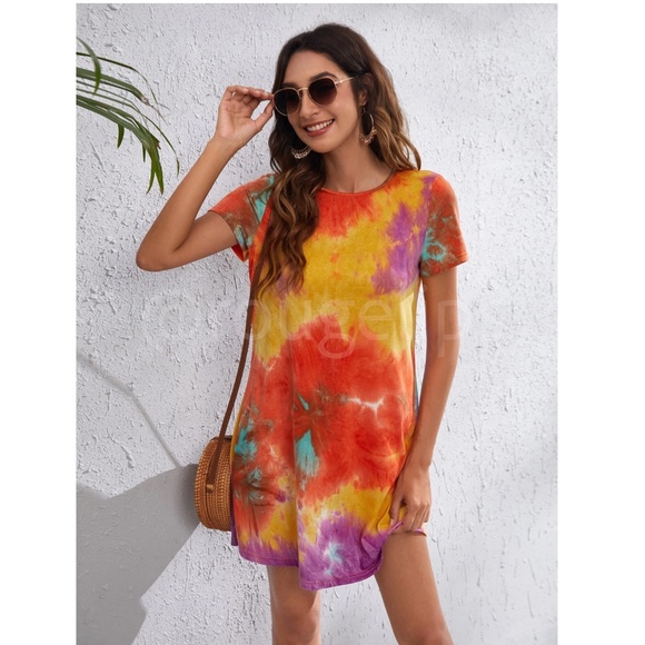 Rouge! Dresses & Skirts - Bright Tie Dye Print Mini Tee Shirt Dress Short Sleeve Orange Yellow A-Line